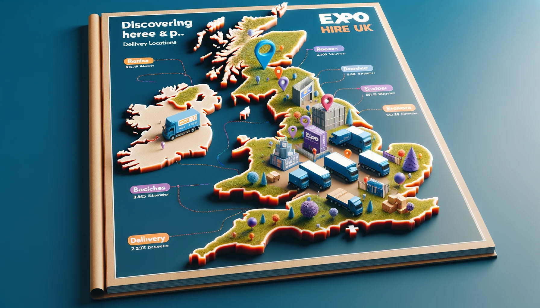 A map showing different branches and delivery locations of Expo Hire UK across the UK, symbolizing discovering Expo Hire UK’s branches and venues