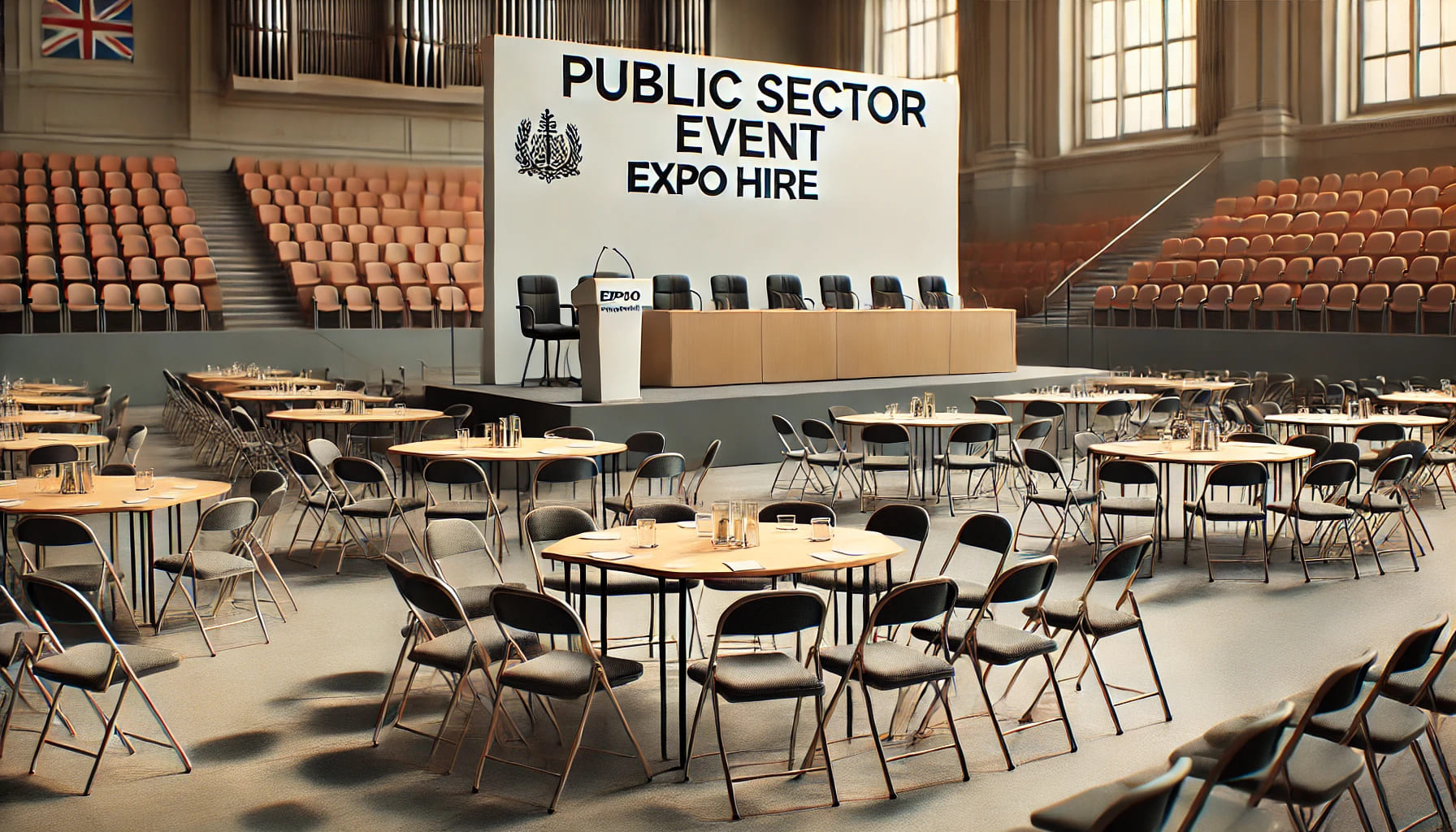 12 A realistic image of a public sector event setup, featuring rental furniture provided by Expo Hire. The scene includes rows of chairs, tables, and a p