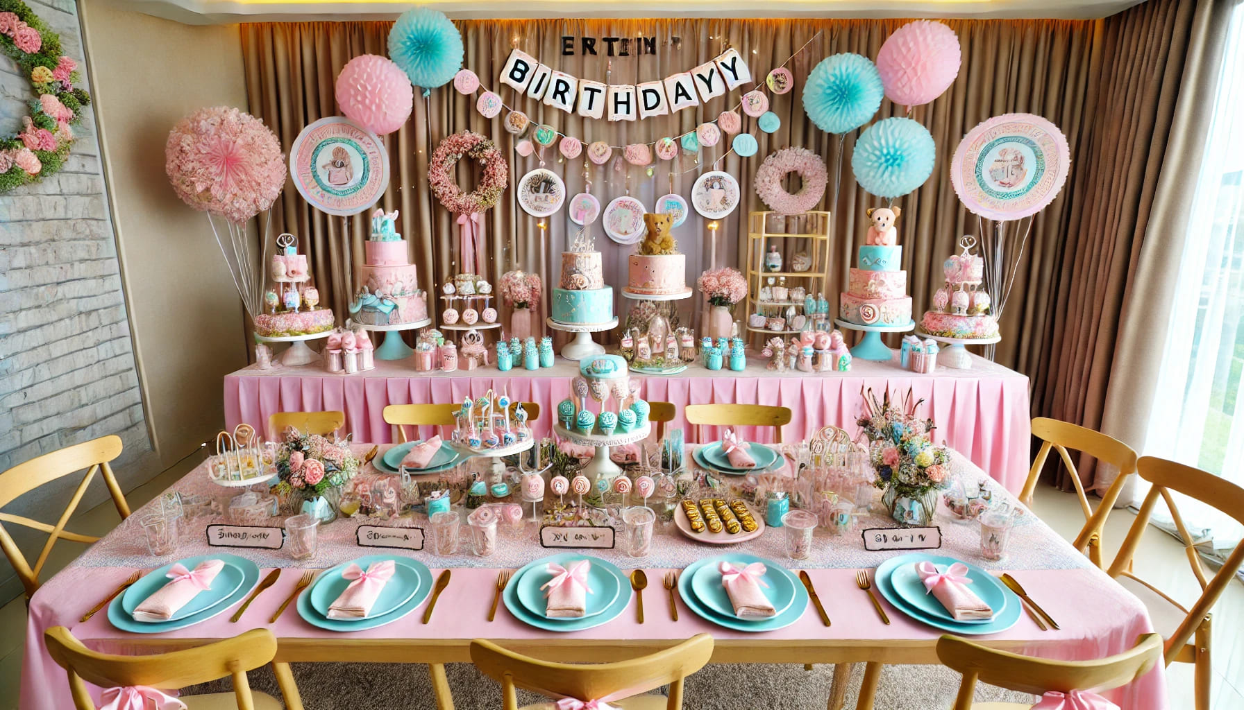 A themed birthday party setup with decorations, table settings, and matching accessories