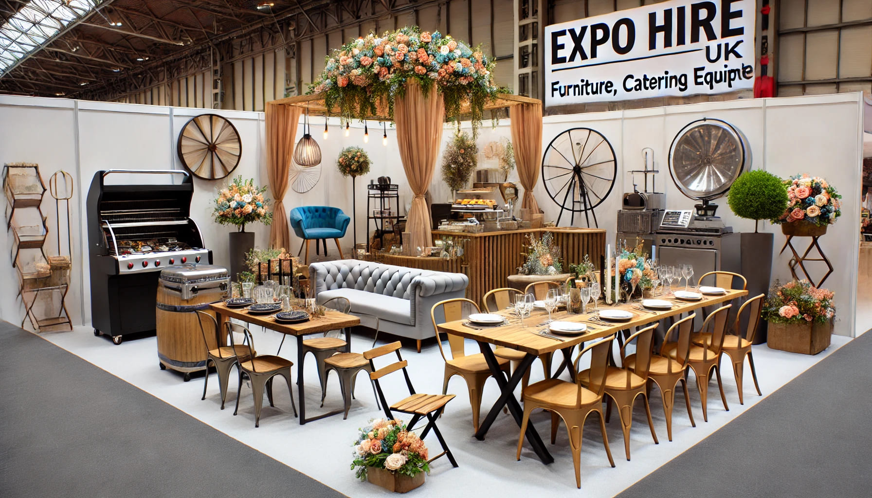 A variety of services provided by Expo Hire UK, showcasing furniture, catering equipment, and decor items