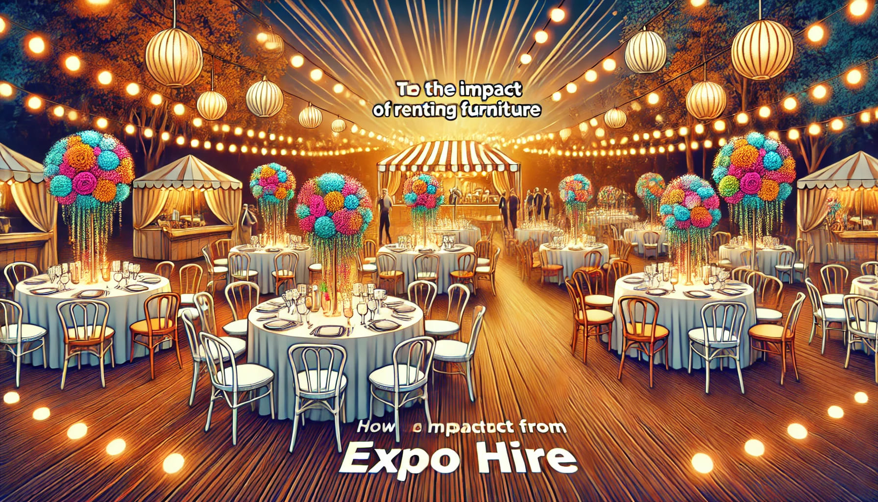 A vibrant event scene demonstrating the impact of renting furniture from Expo Hire, featuring an outdoor party with stylish tables, chairs, and decora