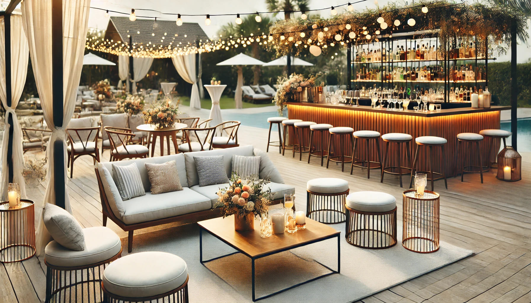 A wedding lounge and bar area setup outdoors, featuring stylish lounge furniture like sofas and coffee tables, with a bar area equipped with high stoo