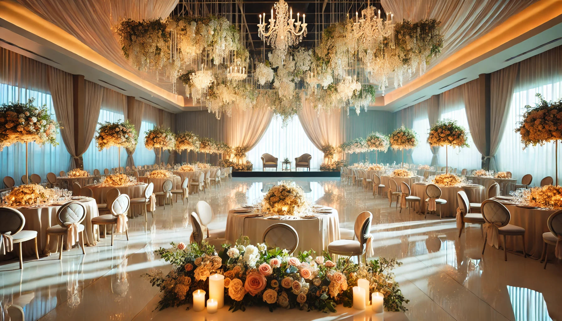 A wedding venue setup with elegant furniture, soft lighting, and beautiful floral arrangements, showing the conclusion of a successful event