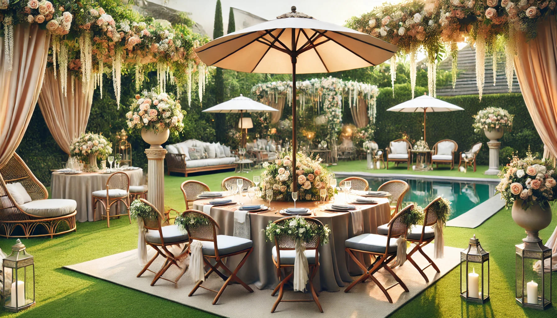 A well-decorated outdoor event with quality outdoor furniture including tables, chairs, and parasols, no text