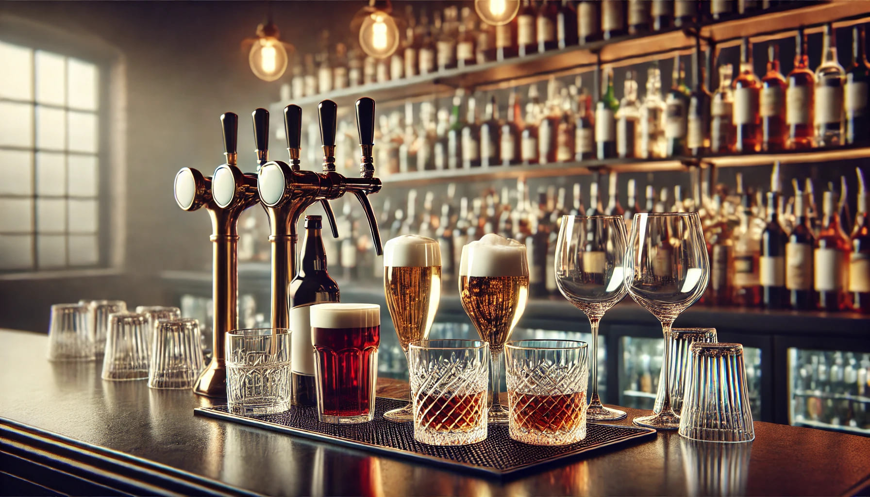 A well-organised bar setup with different types of glasses including pint glasses, whiskey glasses, and wine glasses. The setting should look professi