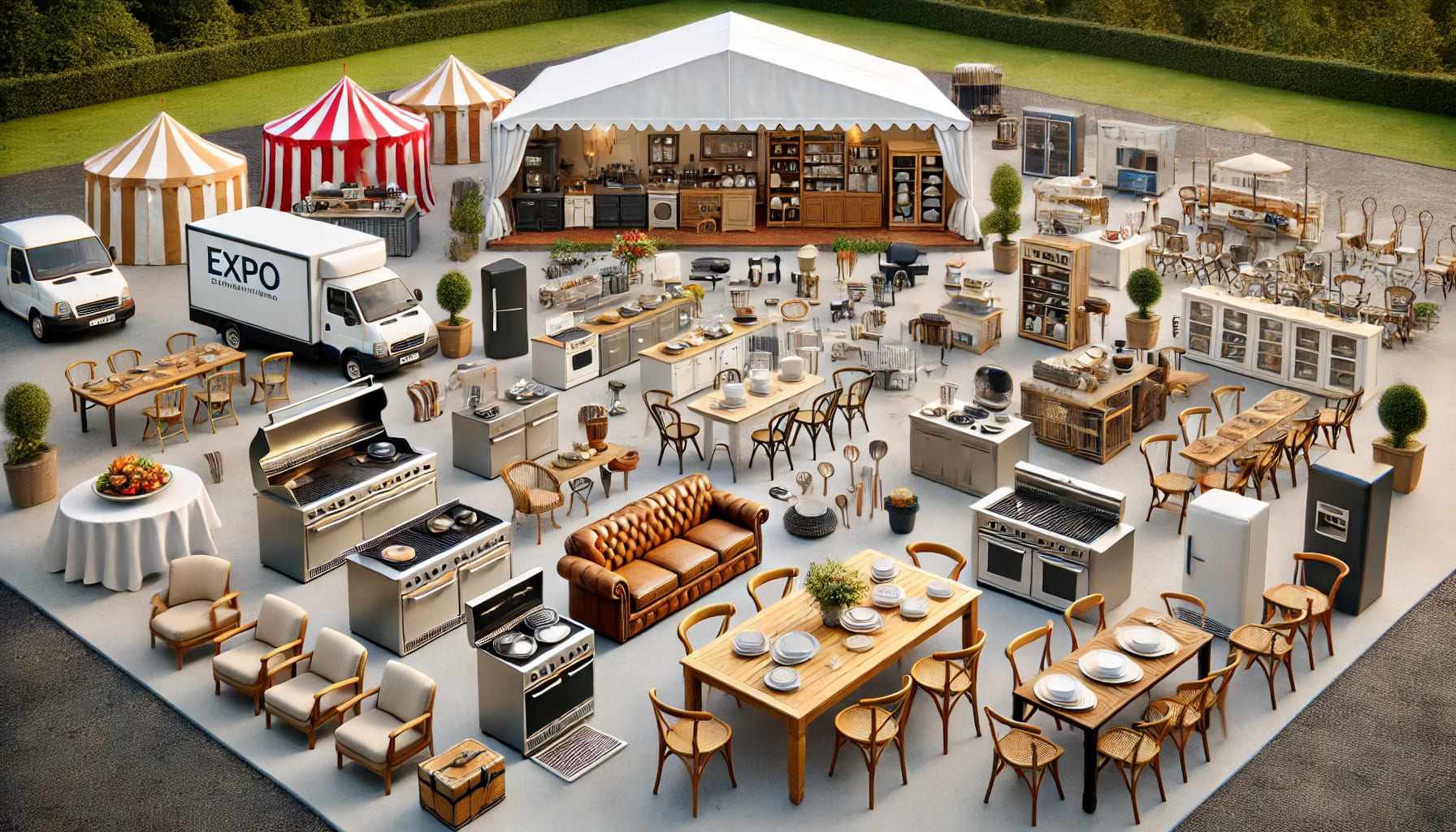 An array of event equipment available from Expo Hire UK, including furniture, kitchen equipment, outdoor items, and crockery. The image showcases the