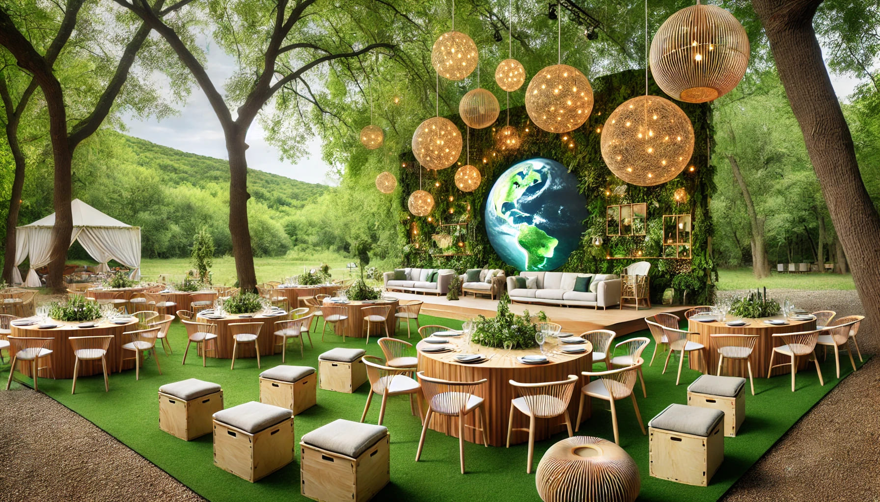 12 An eco-friendly event setup featuring rental furniture in a natural setting, with sustainable materials and green surroundings. The scene emphasizes t