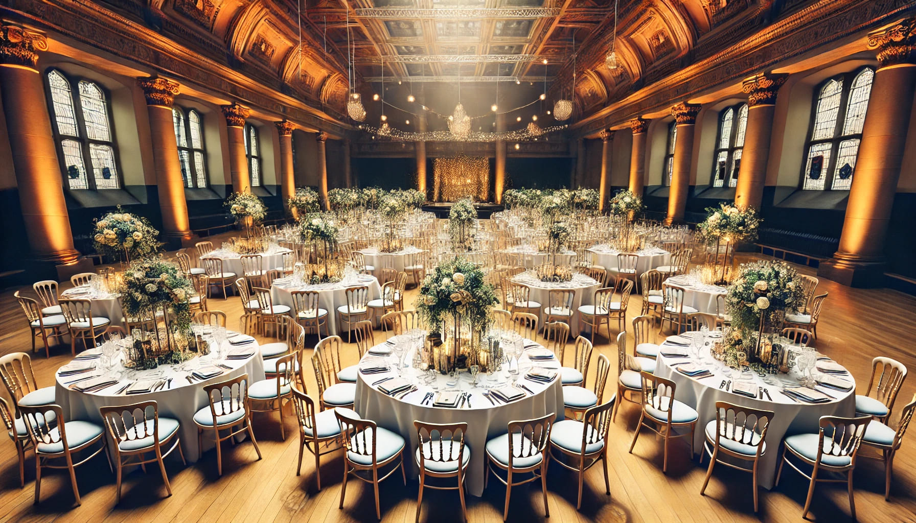 12 An elegant event venue in the UK with trestle tables and matching chairs set up for a formal occasion. The image shows a beautifully arranged event sp