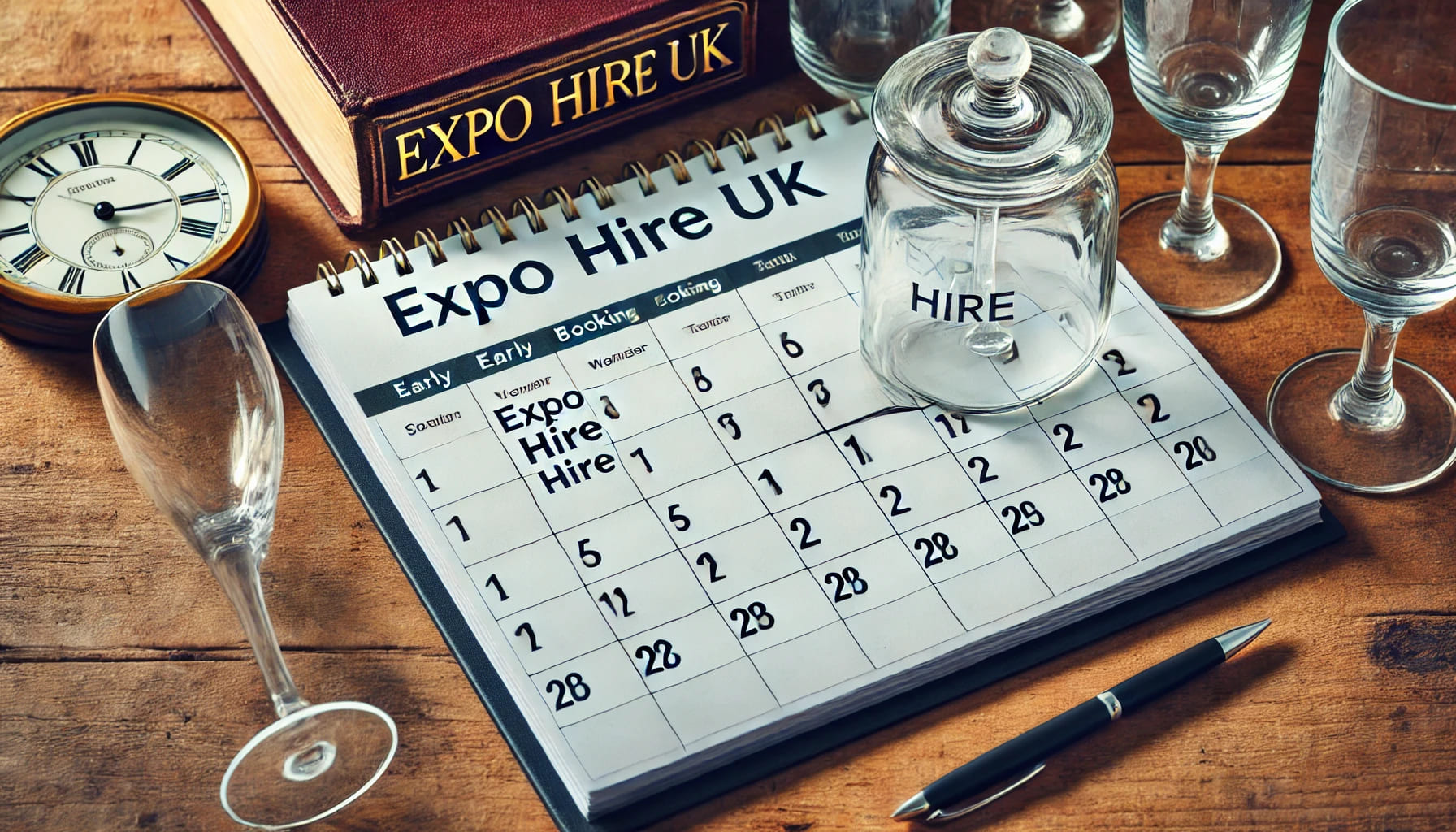 An event planner’s calendar marked with an early booking for glassware hire from Expo Hire UK