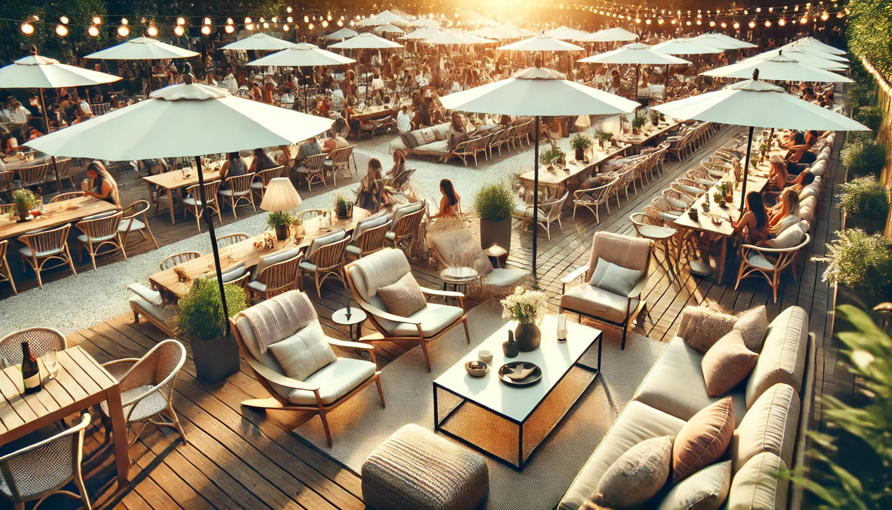 An outdoor festival or gathering with comfortable and stylish outdoor furniture, including lounge chairs, tables, and umbrellas. The atmosphere is liv