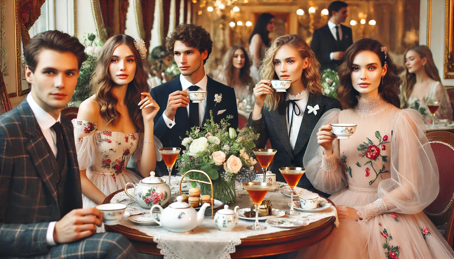 Guests dressed up for an elegant afternoon tea party, featuring stylish attire like dresses and suits, enjoying tea and conversation in a beautifully