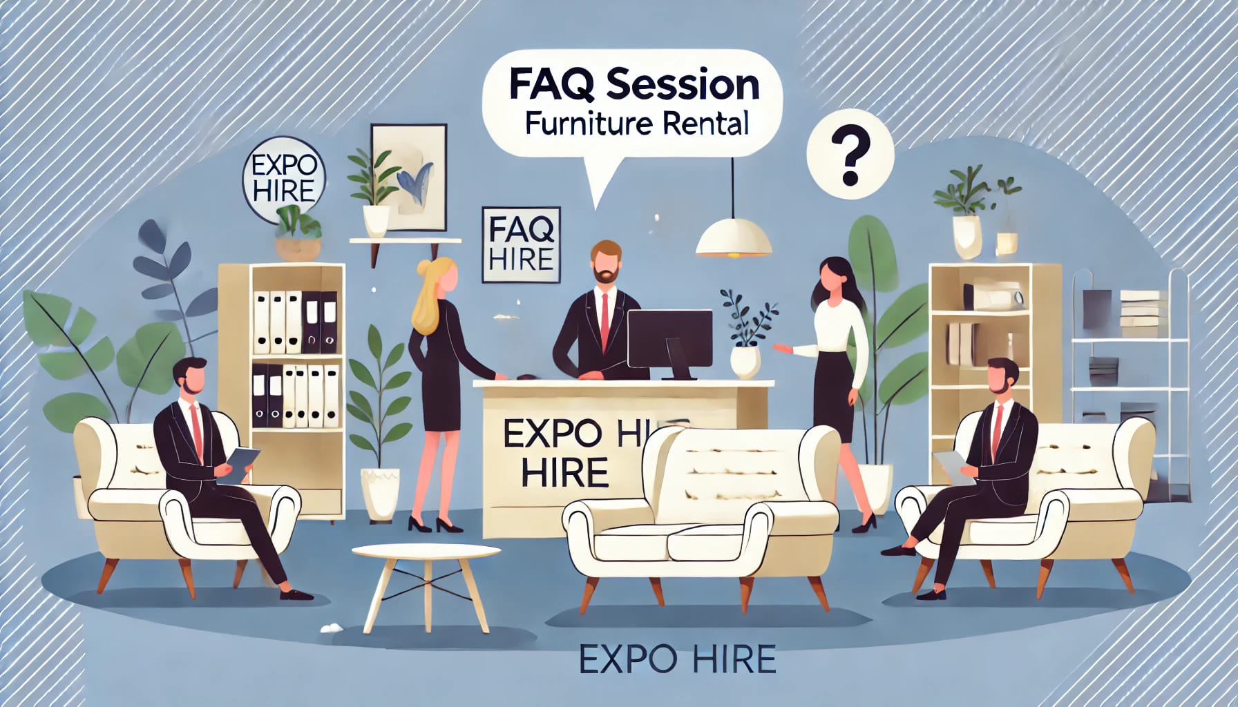 A FAQ session about furniture rental services, featuring a customer service desk with staff assisting clients with questions and guidance. The scene d