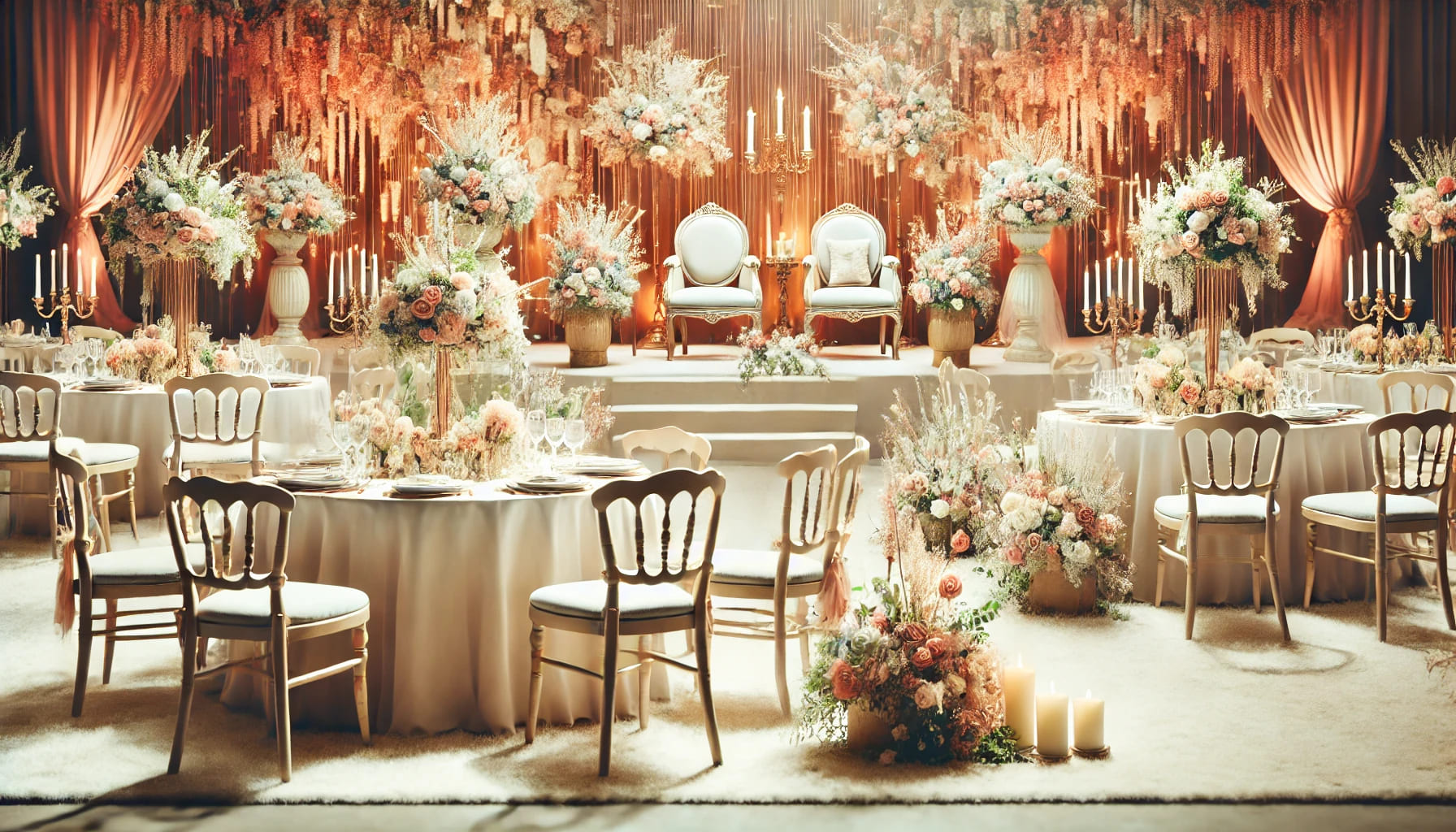 A beautifully arranged wedding venue with chairs and tables, featuring elegant decorations and floral arrangements. The scene should highlight the rom