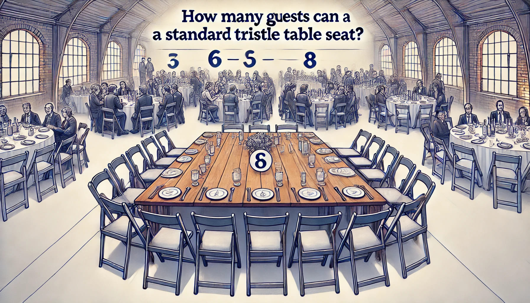 13 A close-up image of a standard trestle table set up in a UK venue, showing seating arrangements for 6 to 8 guests. The image highlights the typical us