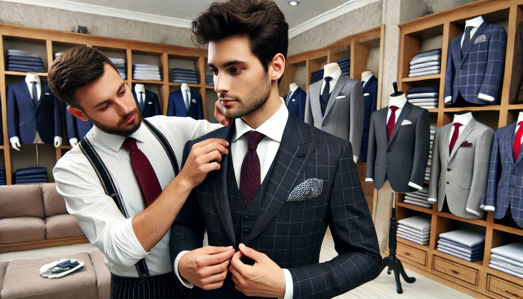 A groom trying on a suit in a formal wear store, with the help of a tailor