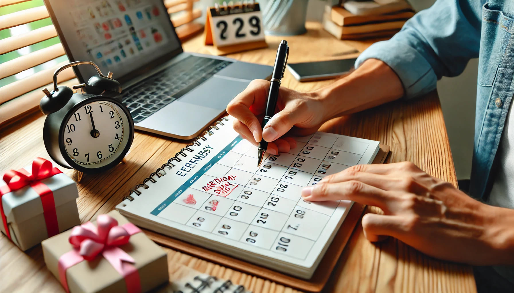 A person marking a calendar and setting a date and time for a birthday party, with a planner and laptop on the table