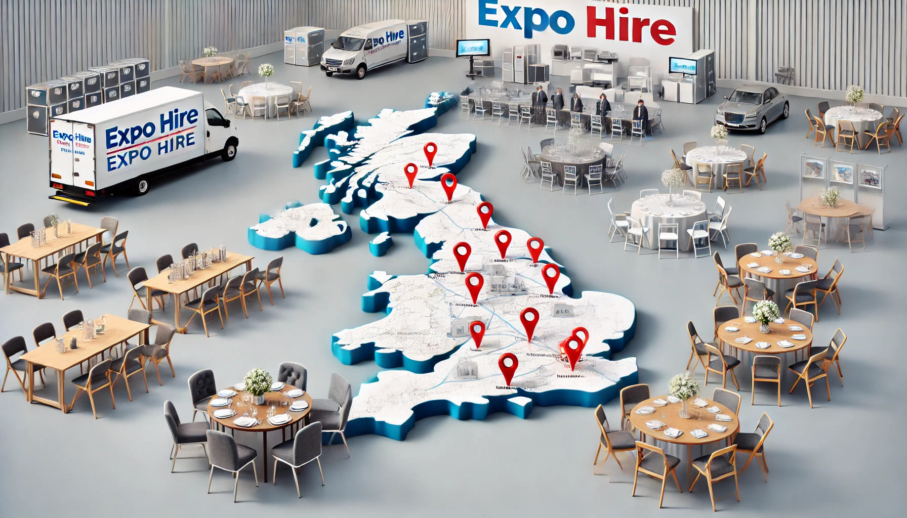 13 A realistic image showing a map of the UK with markers indicating multiple locations where Expo Hire operates, accompanied by images of rental furnitu