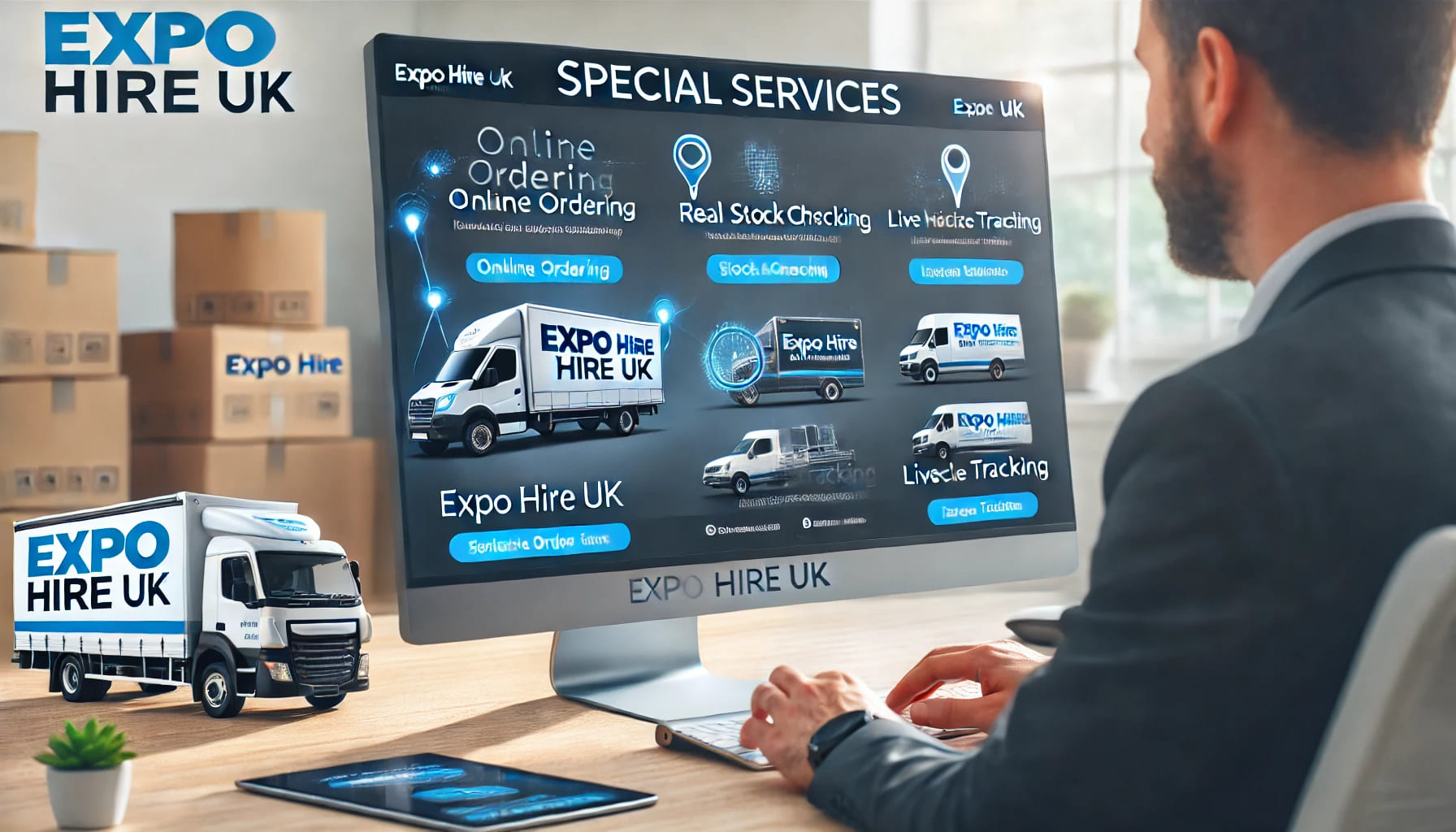 A screenshot of Expo Hire UK's special services, including online ordering, real-time stock checking, and live vehicle tracking, displayed on a comput