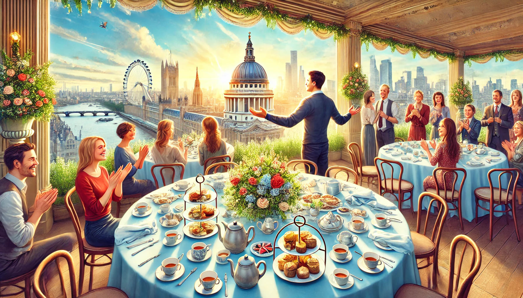 A stunning conclusion scene of a London afternoon tea party, showing happy guests, clean tables with used tea sets, and a beautiful venue with a view