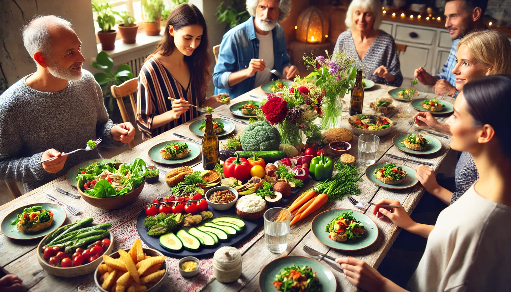 A vegetarian_vegan dinner party with a table filled with colourful, fresh, and beautifully presented plant-based dishes, and guests enjoying the meal