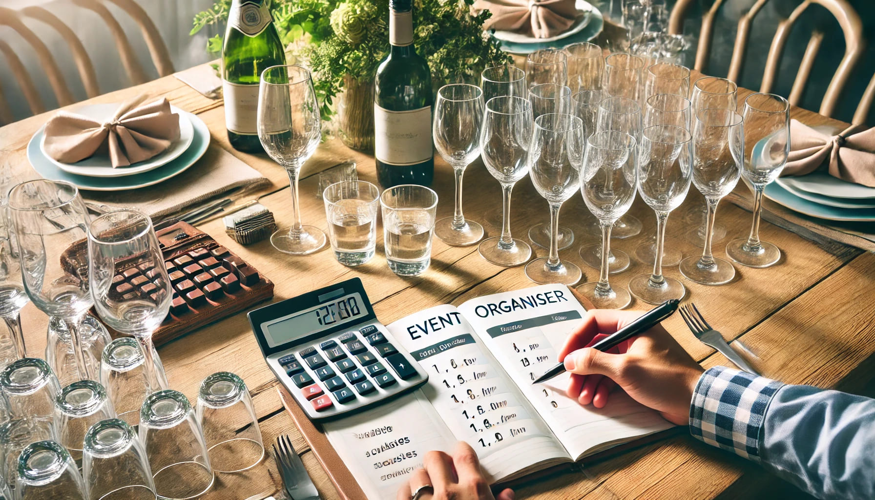 An event organiser calculating the number of glasses needed for an event, with a notebook and various glasses on the table. The setting should look or