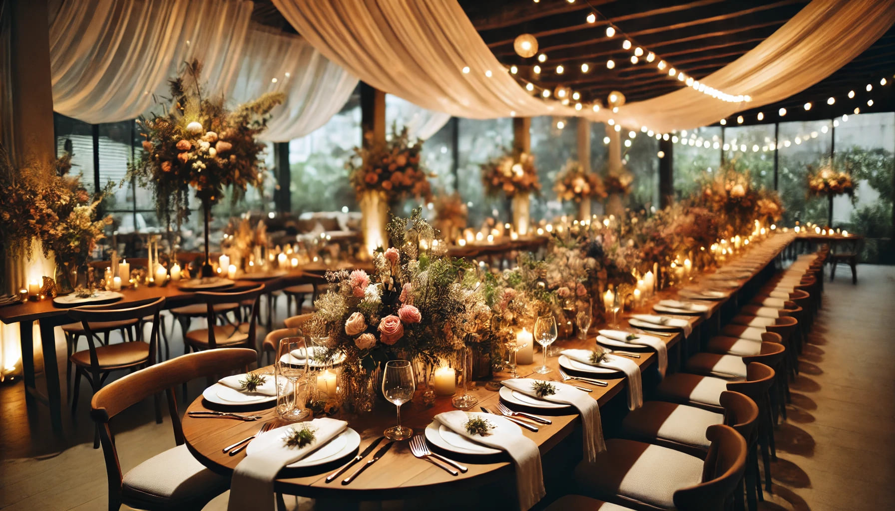 An intimate wedding reception setup featuring a mix of modern and rustic decor, with wooden tables, soft lighting, and floral centrepieces. The tables