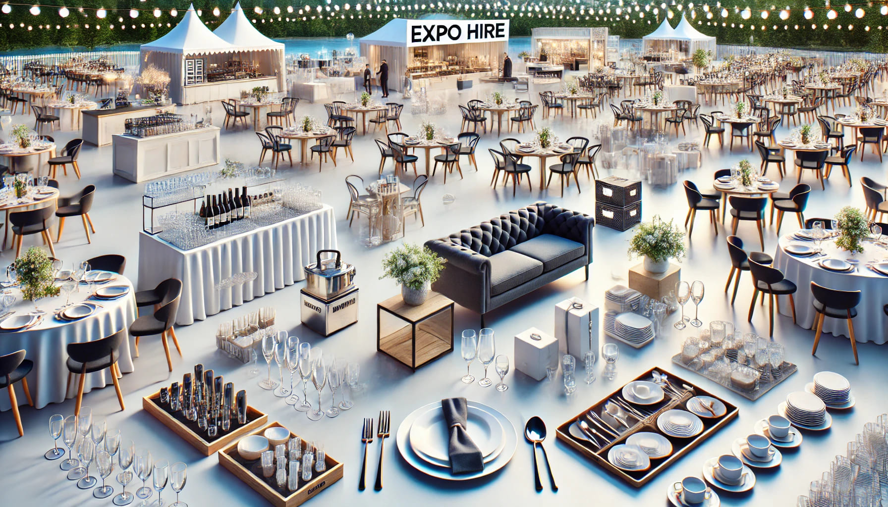 An overview image showing various services provided by Expo Hire UK, including glassware, furniture, and catering equipment, showcased at a successful