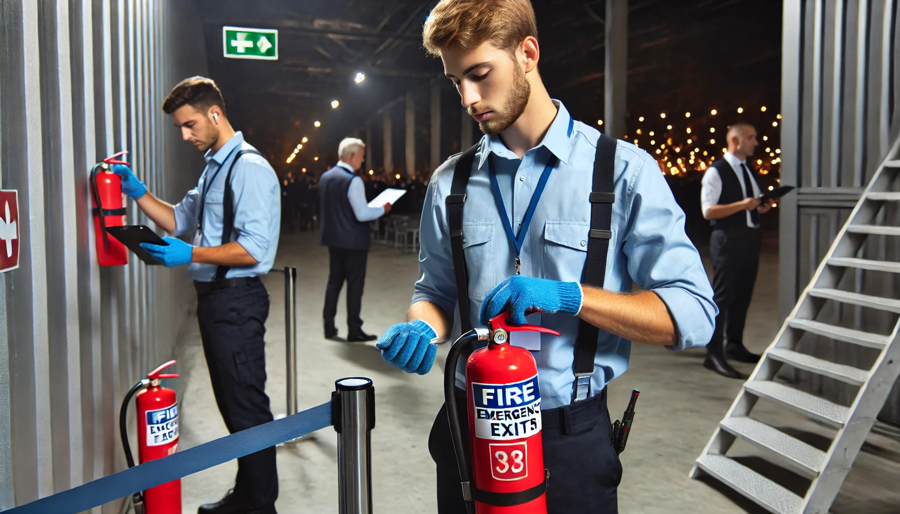 Event staff ensuring safety measures by checking fire extinguishers and emergency exits at an event venue