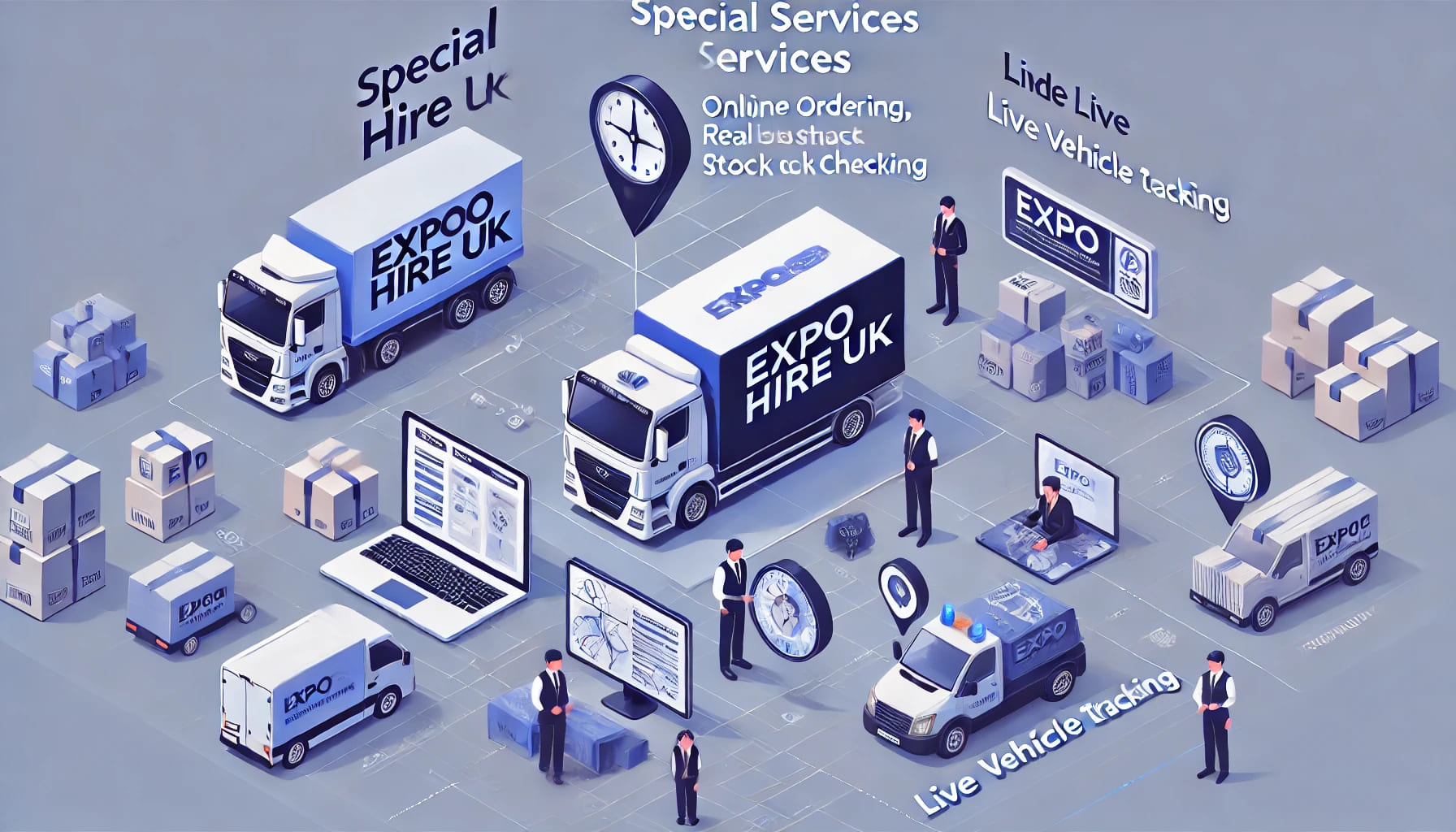 Special services provided by Expo Hire UK including online ordering, real-time stock checking, and live vehicle tracking