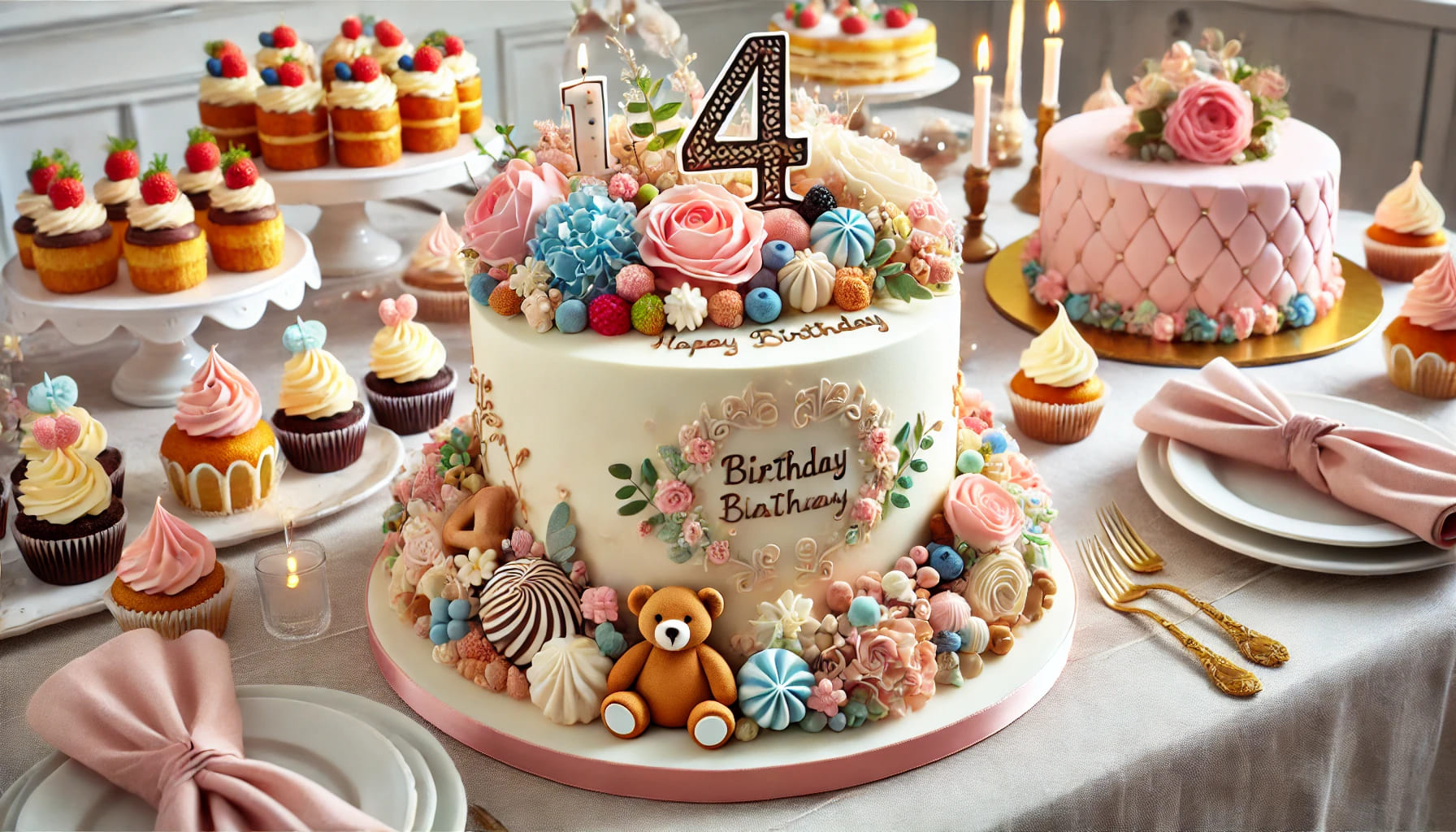 A beautifully decorated birthday cake as the centrepiece of a party table with other desserts around