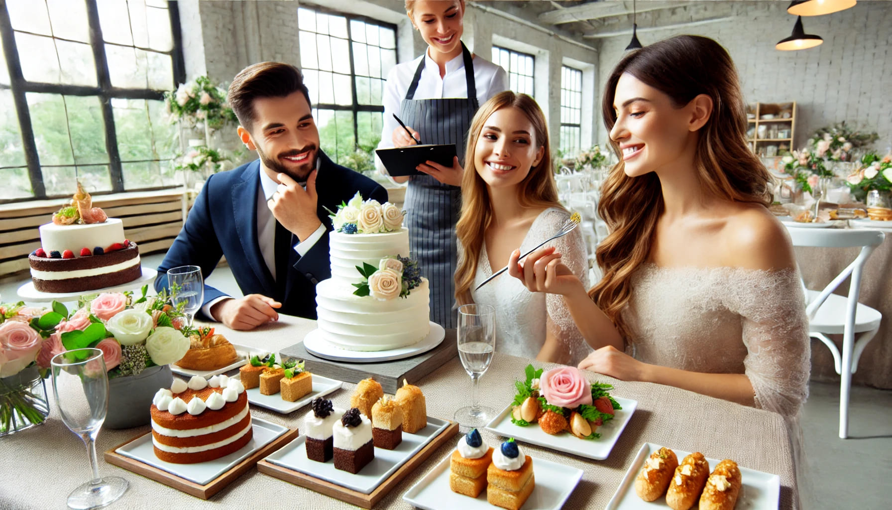 A couple tasting a variety of wedding cakes and dishes at a tasting session, with a caterer explaining the options