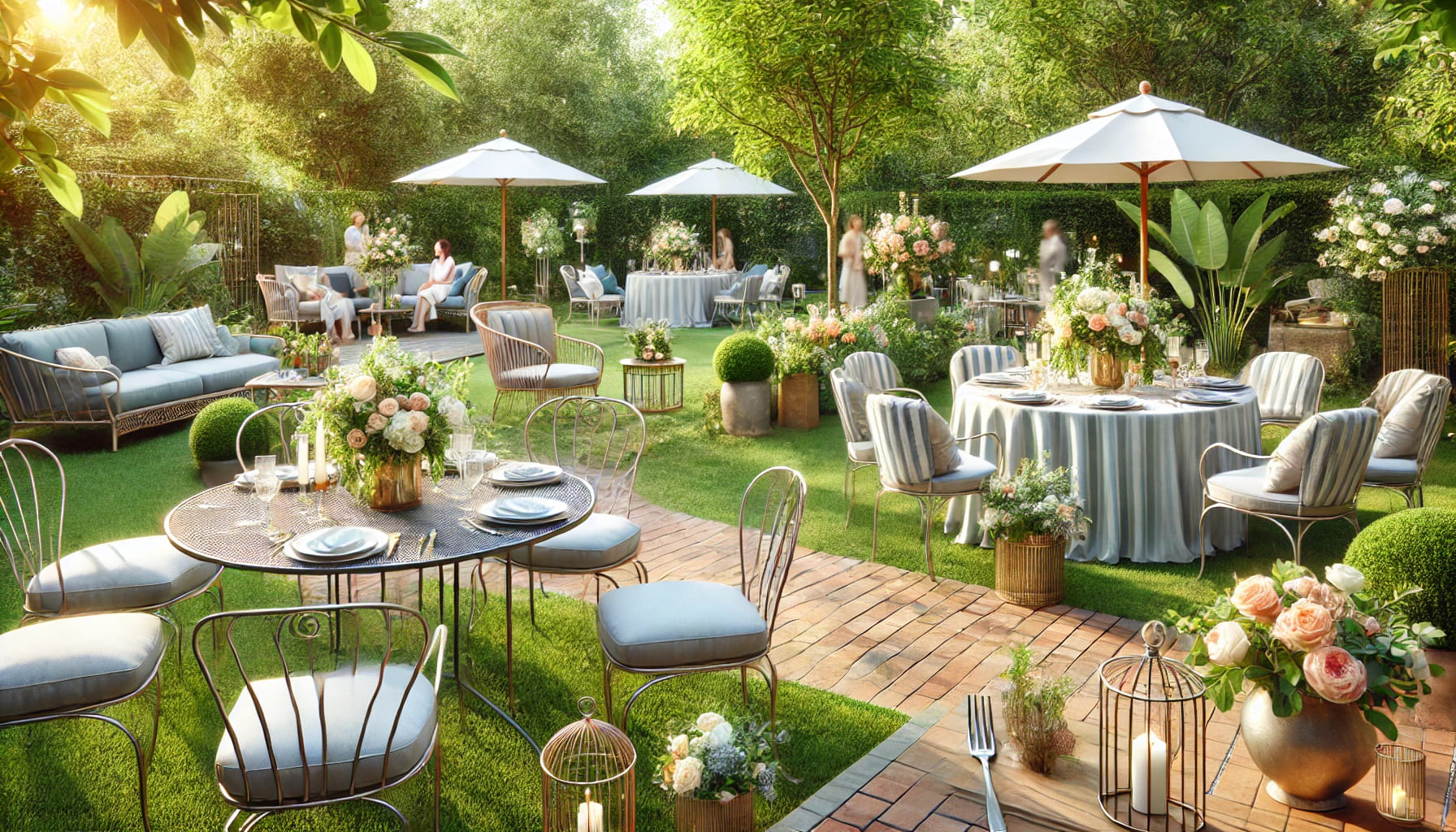 A garden party setup with elegant outdoor furniture, featuring tables and chairs arranged in a lush garden setting. The scene should convey a sense of