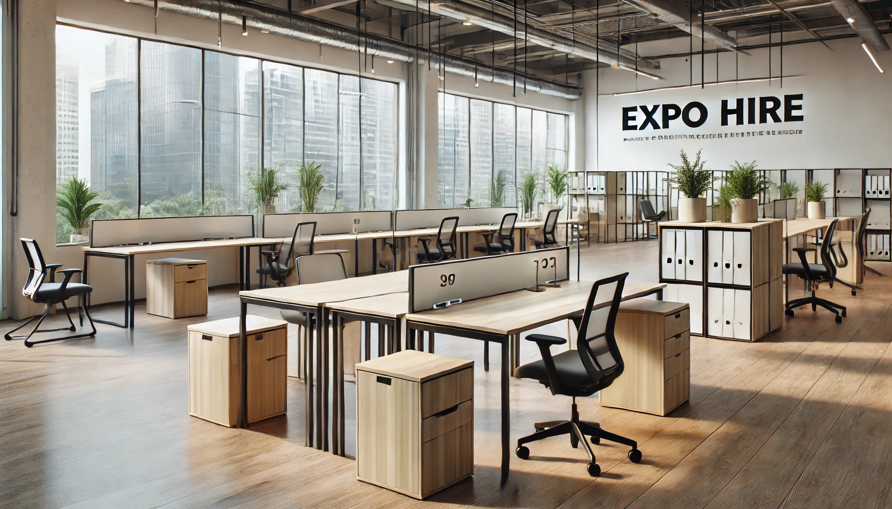 14 A realistic image of a temporary office setup using rental furniture from Expo Hire. The scene includes office desks, chairs, and storage units arrang