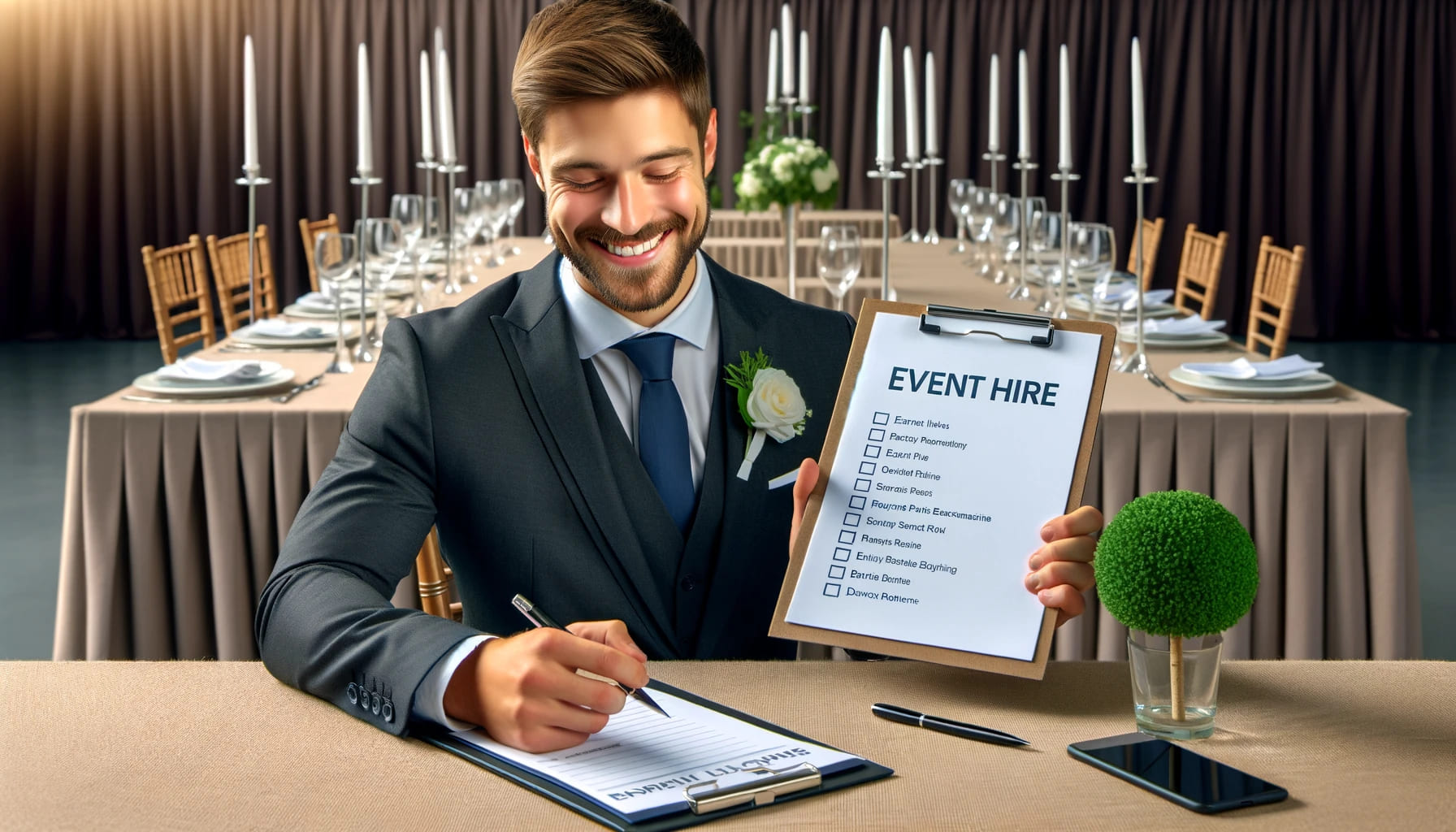 A satisfied event planner reviewing a checklist with all event hire needs met by Expo Hire UK, with a background of a well-set event table