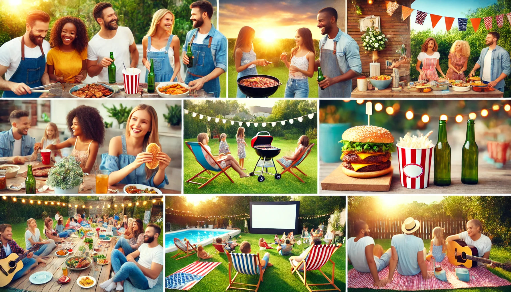 A summer party with diverse activities such as BBQ, outdoor movie, and games. The scene includes guests enjoying various aspects of the party in a bea