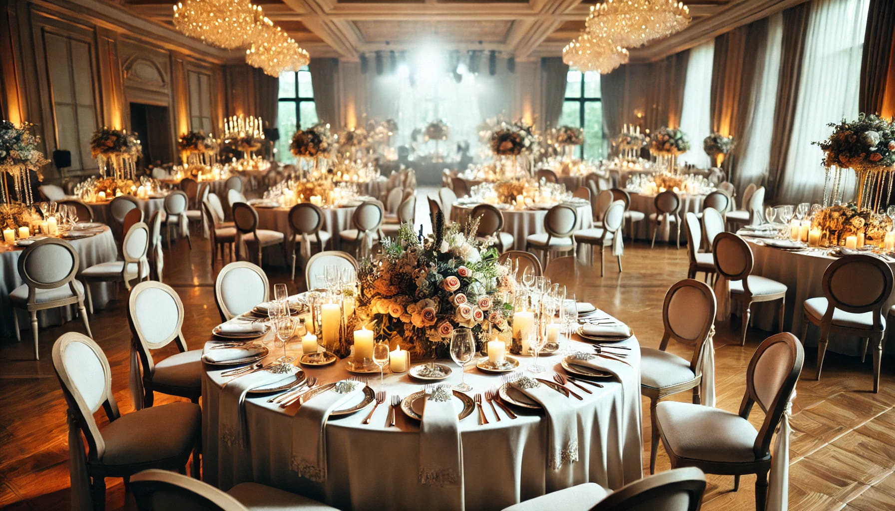 A wedding reception setup with a focus on the dining area, featuring round tables, elegant chairs, and sophisticated table settings. The space is deco