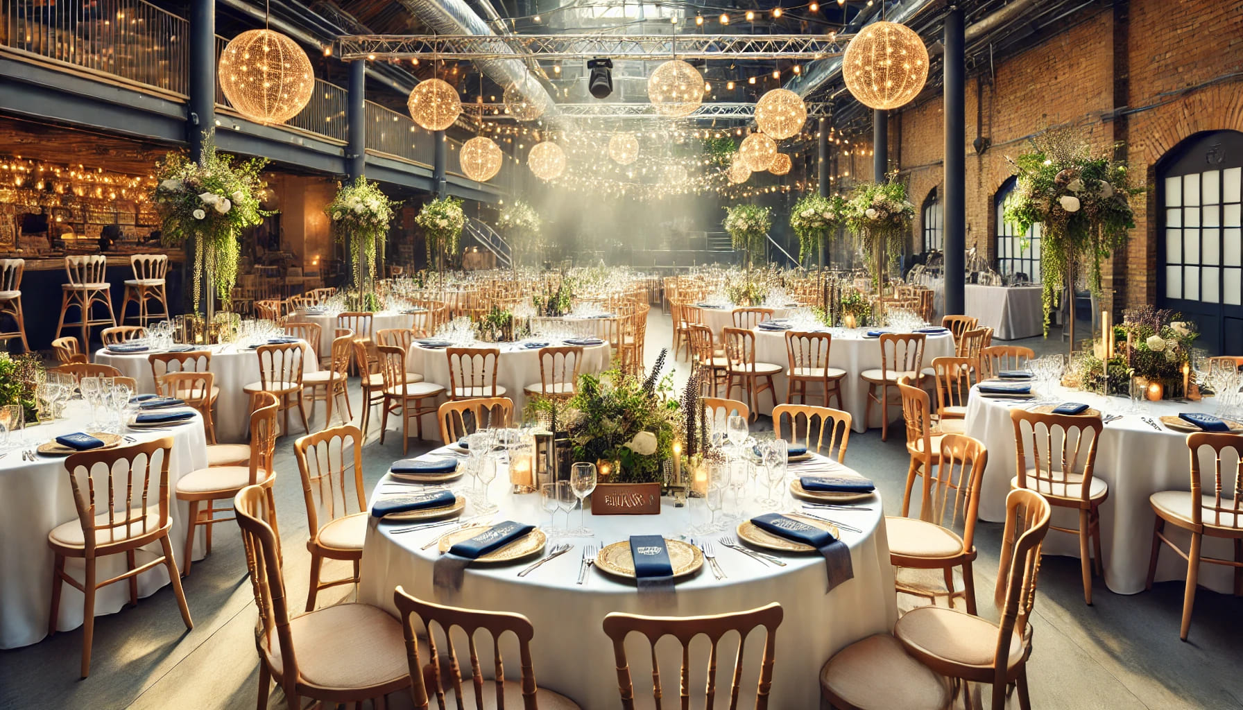 14 A well-arranged event setup in the UK featuring trestle tables with matching chairs and other furniture, showcasing the possibility of renting chairs