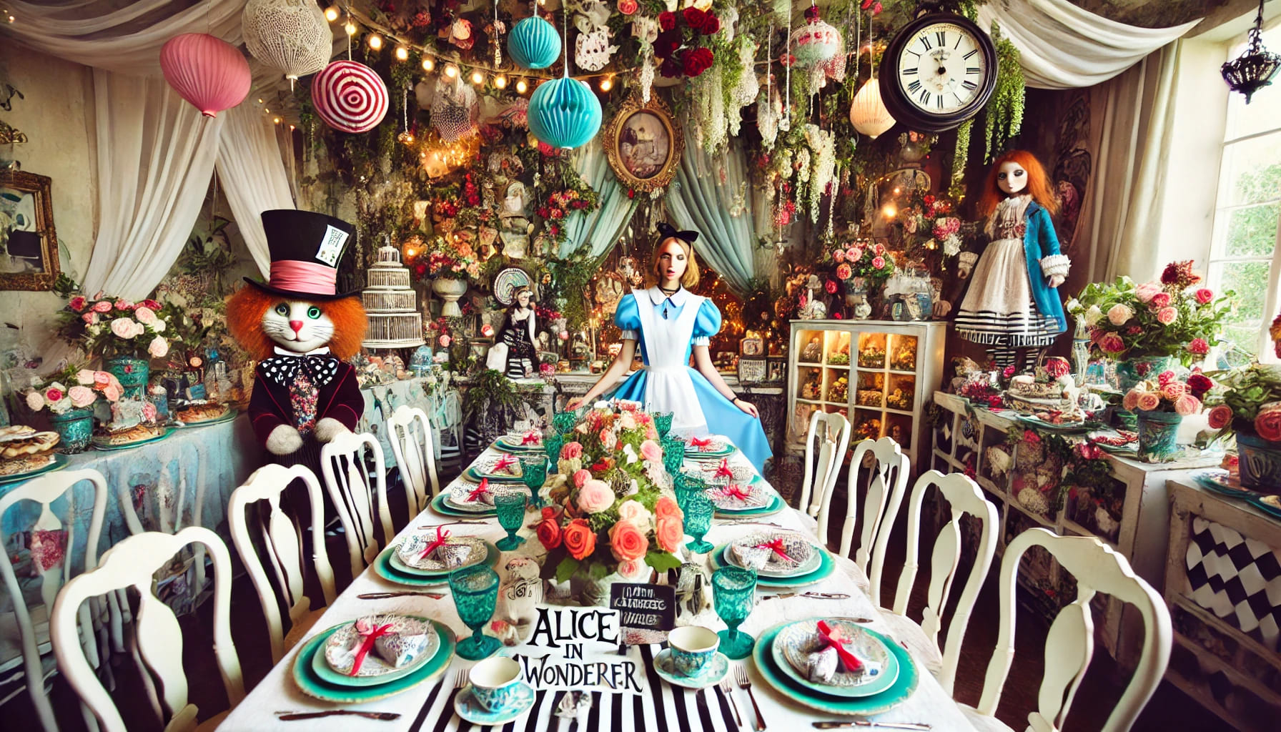 An Alice in Wonderland-inspired dinner party with whimsical decorations, themed table settings, and guests dressed as characters from the story