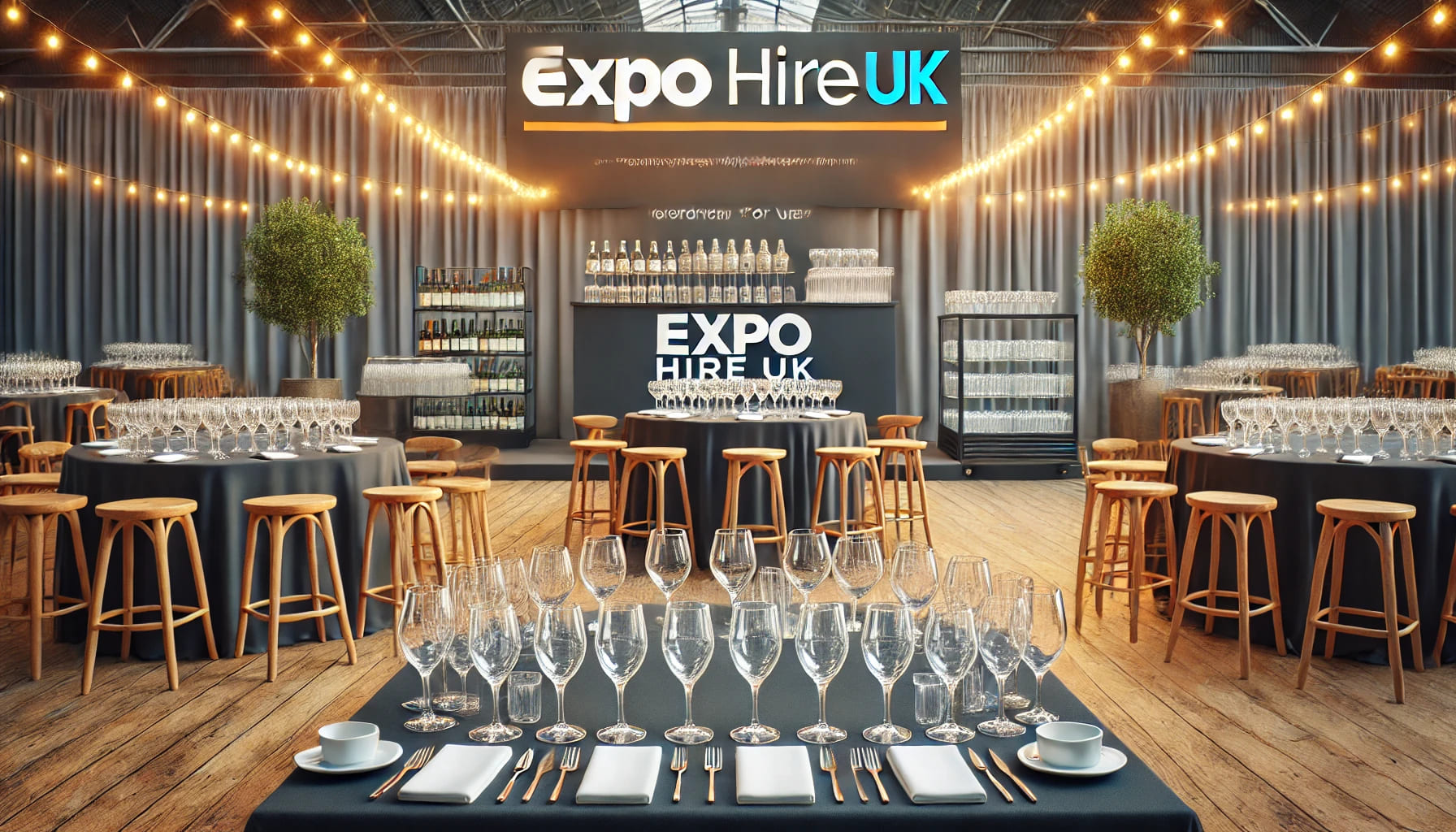 An overview of an event setup by Expo Hire UK, showcasing various glasses and other event equipment ready for use. The setting should convey professio