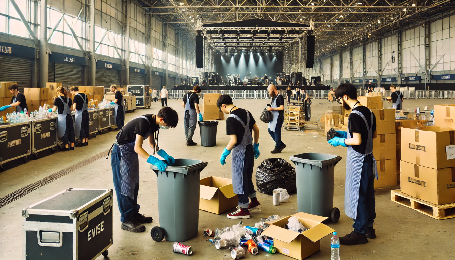 Event staff conducting post-event cleanup, collecting waste, and packing up equipment at an event venue