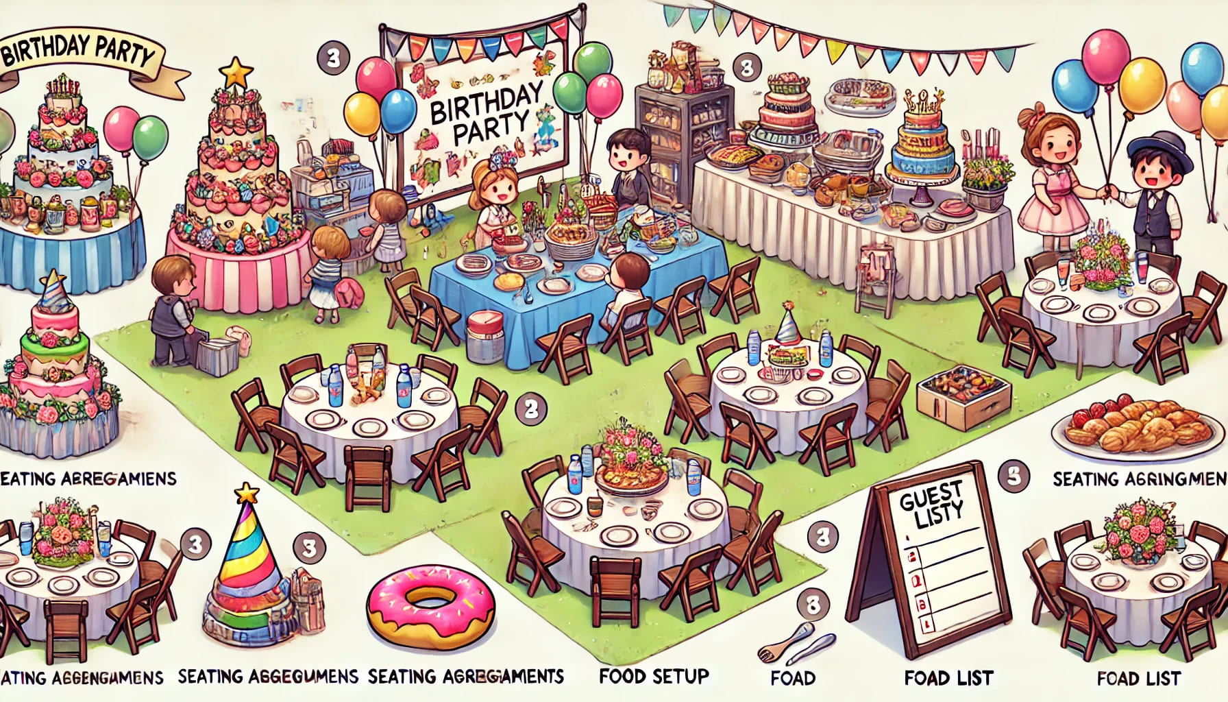 A birthday party with essentials like seating arrangements, food setup, and a guest list on a table