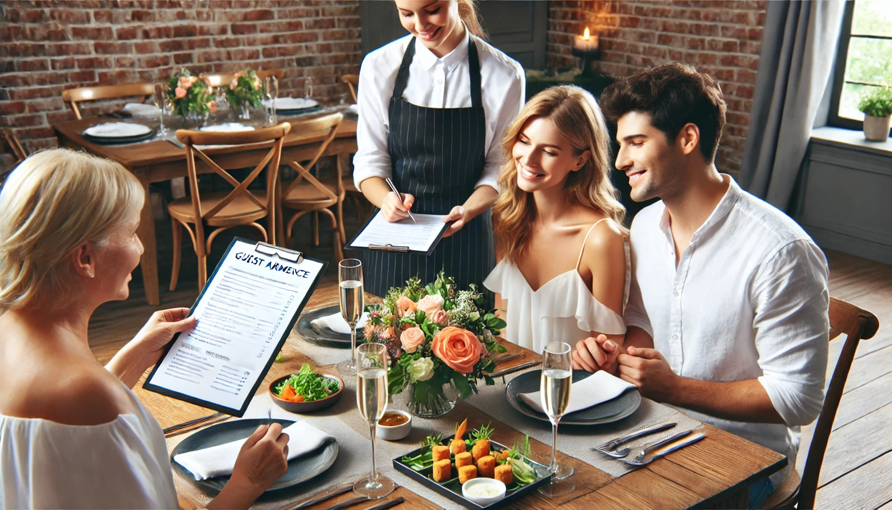 A couple confirming guest attendance and finalising the menu with a caterer at a dining table