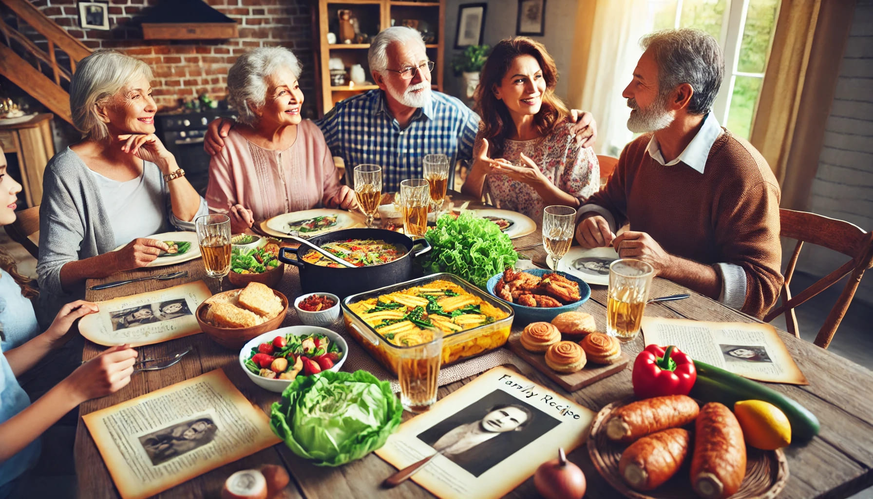 A family recipe dinner party with a table filled with traditional dishes, family members sharing stories, and a warm, nostalgic atmosphere