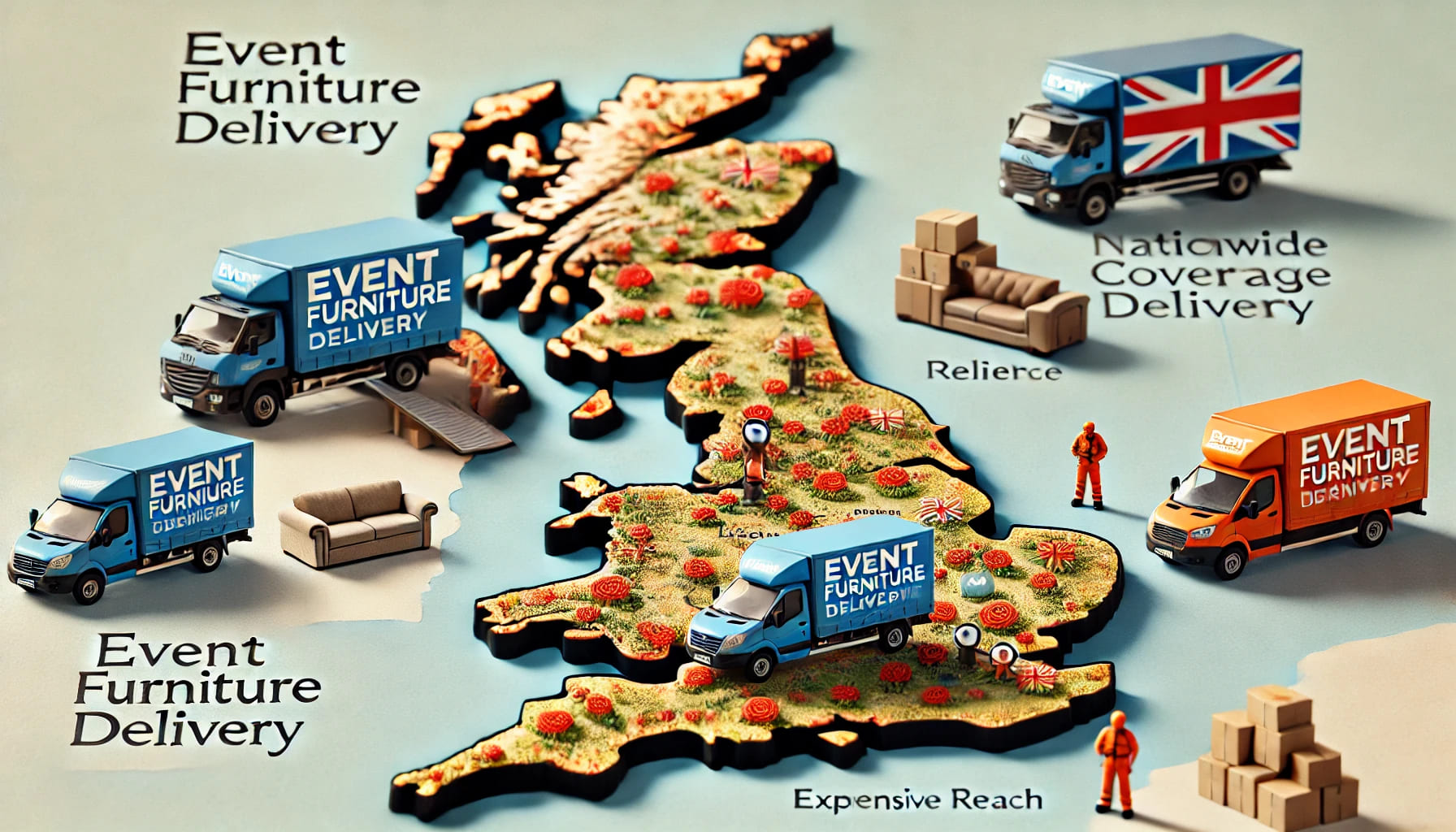 A map of the UK highlighting nationwide coverage for event furniture delivery, with delivery trucks and personnel depicted across various regions. The