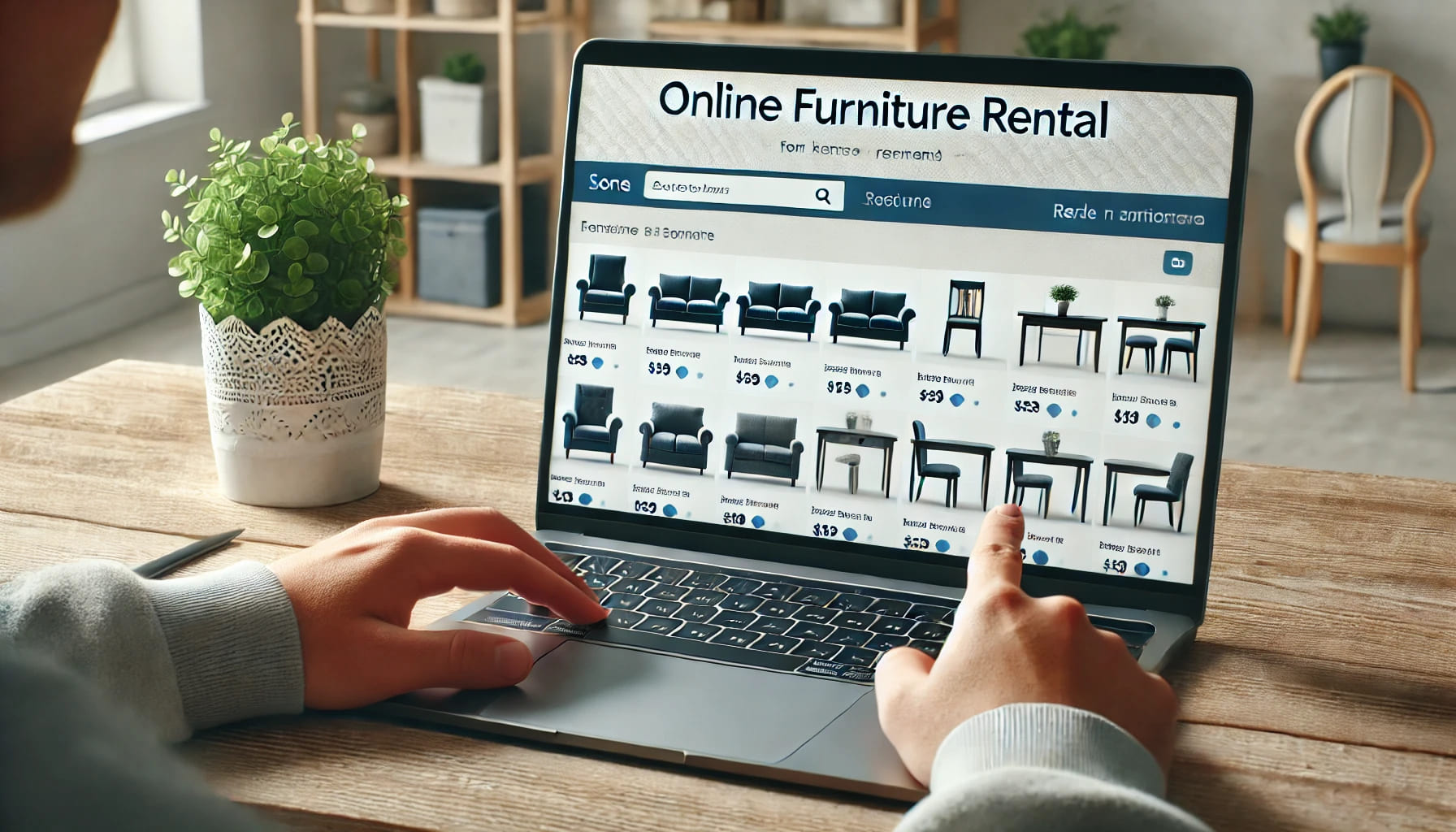 A person browsing an online furniture rental website on a laptop, showing the process of selecting and ordering furniture for an event. The image shou