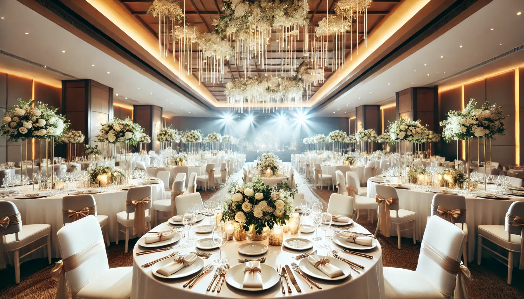 A professionally set up wedding reception space, featuring a clean and well-organized arrangement of tables, chairs, and decor. The setting is elegant