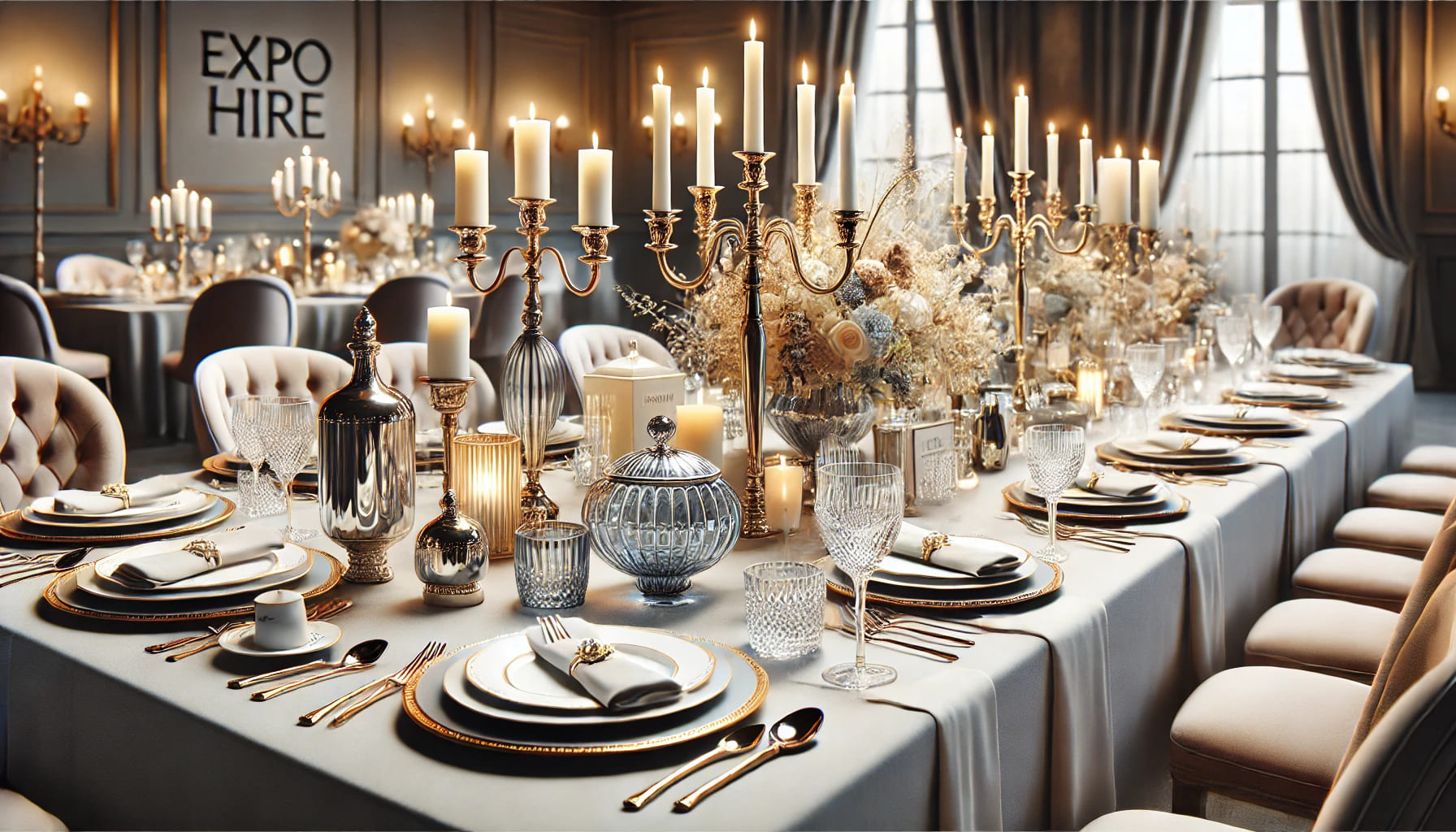 15 A realistic image showing a variety of event accessories provided by Expo Hire, including elegant tableware, lighting, and decorative items like vases