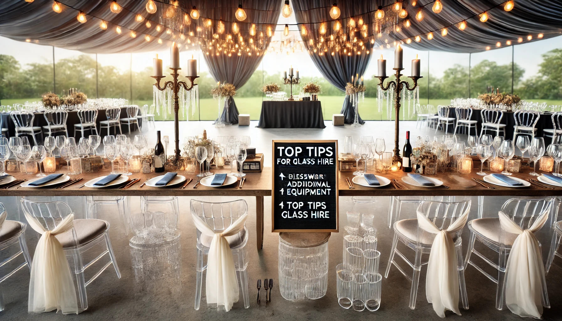 An event setup with neatly arranged glassware and additional event equipment, showcasing top tips for glass hire. The setting should be practical and