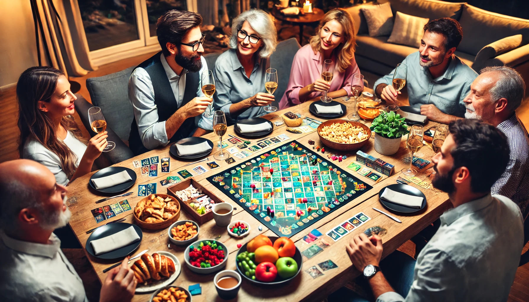 A dinner party game night with guests playing board games, a table filled with snacks and drinks, and a lively, fun atmosphere