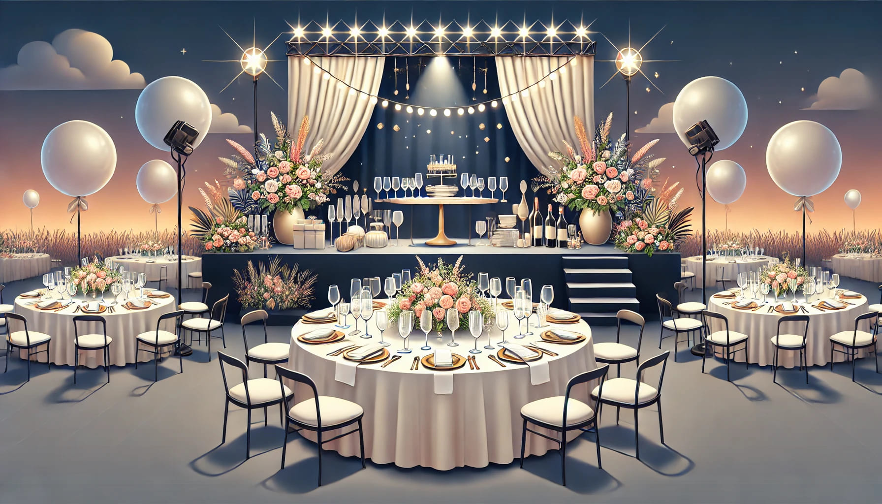 A beautifully set event table with various types of glasses and a backdrop showing the end of the event setup. The setting should convey a sense of co